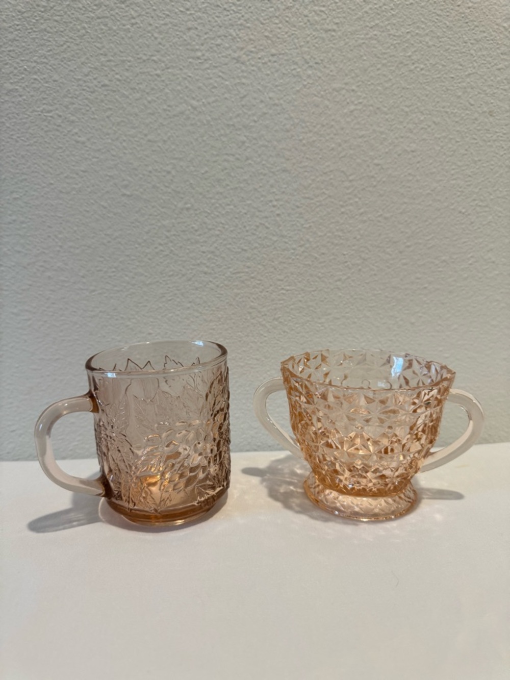 Pink Pressed Glass Sugar Bowl and Creamer Mismatched Set